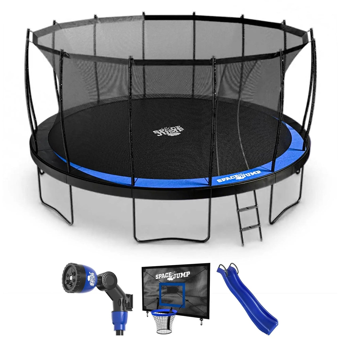 Spacejump Lunar 16' Trampoline, Outdoor Ultimate Set with Slide, Hoop & Sprayer