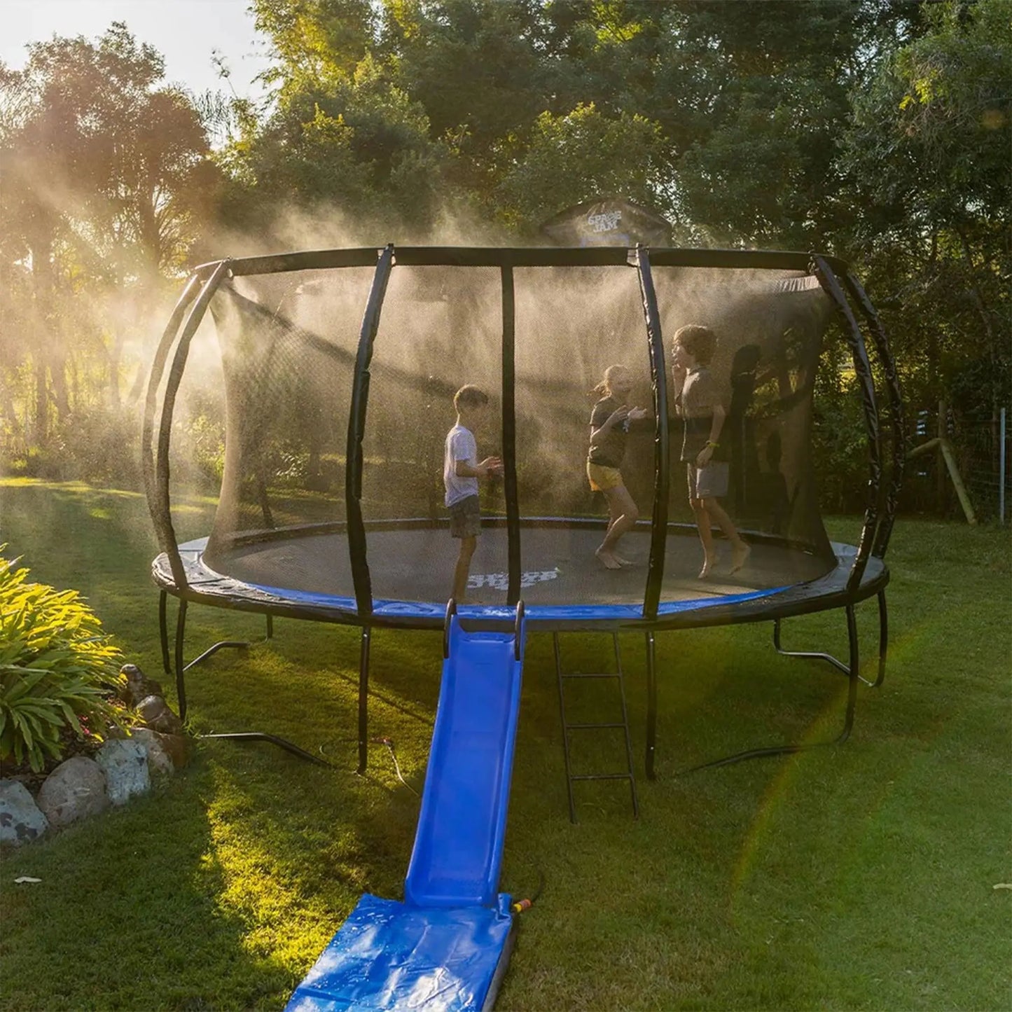 Spacejump Lunar 16' Trampoline, Outdoor Ultimate Set with Slide, Hoop & Sprayer