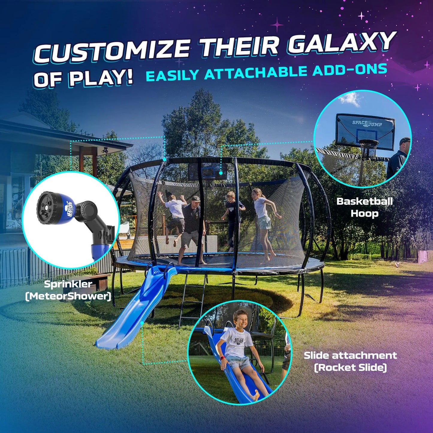 Spacejump Lunar 16' Trampoline, Outdoor Ultimate Set with Slide, Hoop & Sprayer