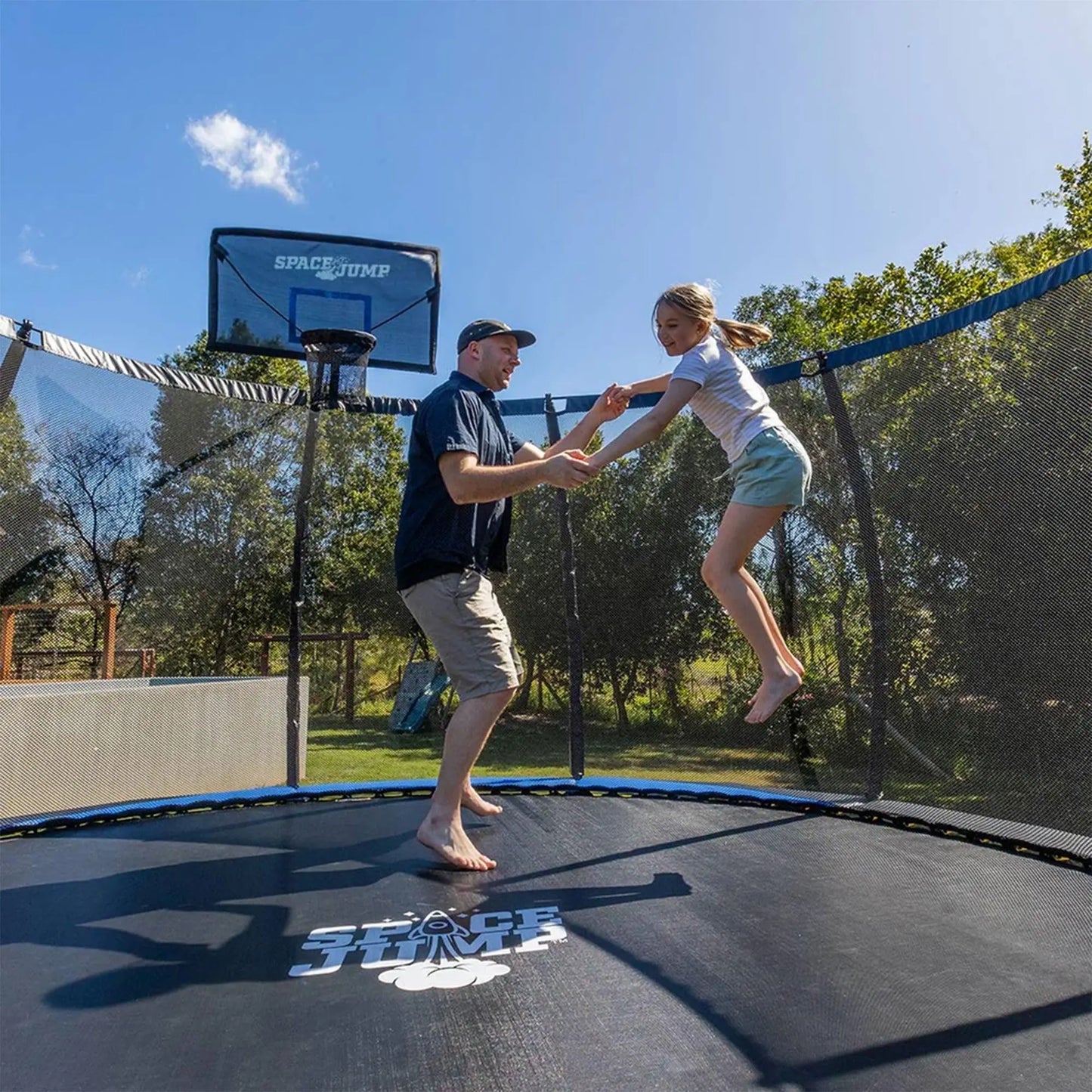 Spacejump Lunar 16' Trampoline, Outdoor Ultimate Set with Slide, Hoop & Sprayer