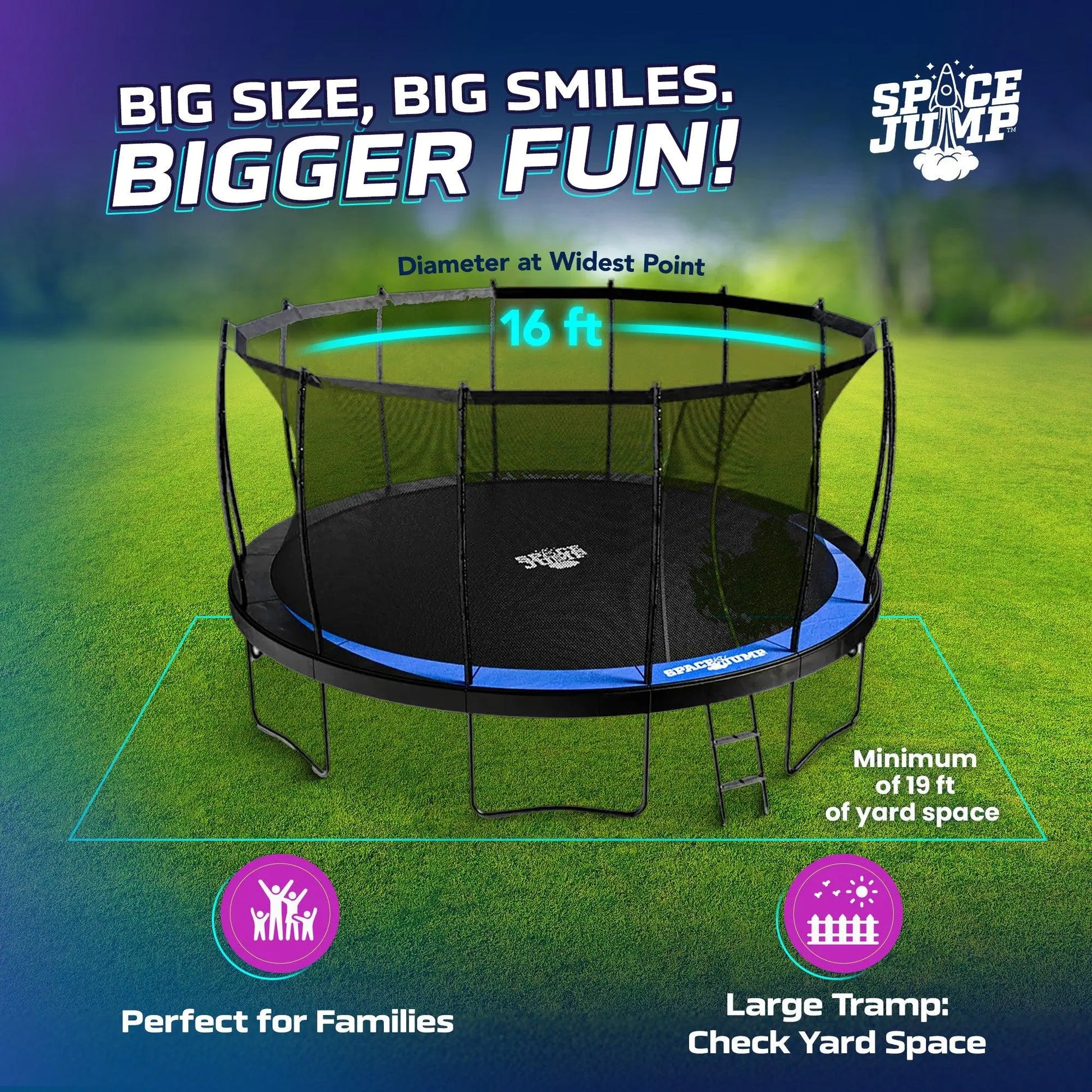 Spacejump Lunar 16' Trampoline, Outdoor Ultimate Set with Slide, Hoop & Sprayer