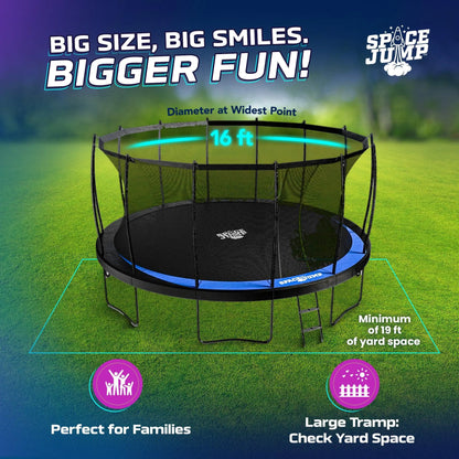 Spacejump Lunar 16' Trampoline, Outdoor Ultimate Set with Slide, Hoop & Sprayer